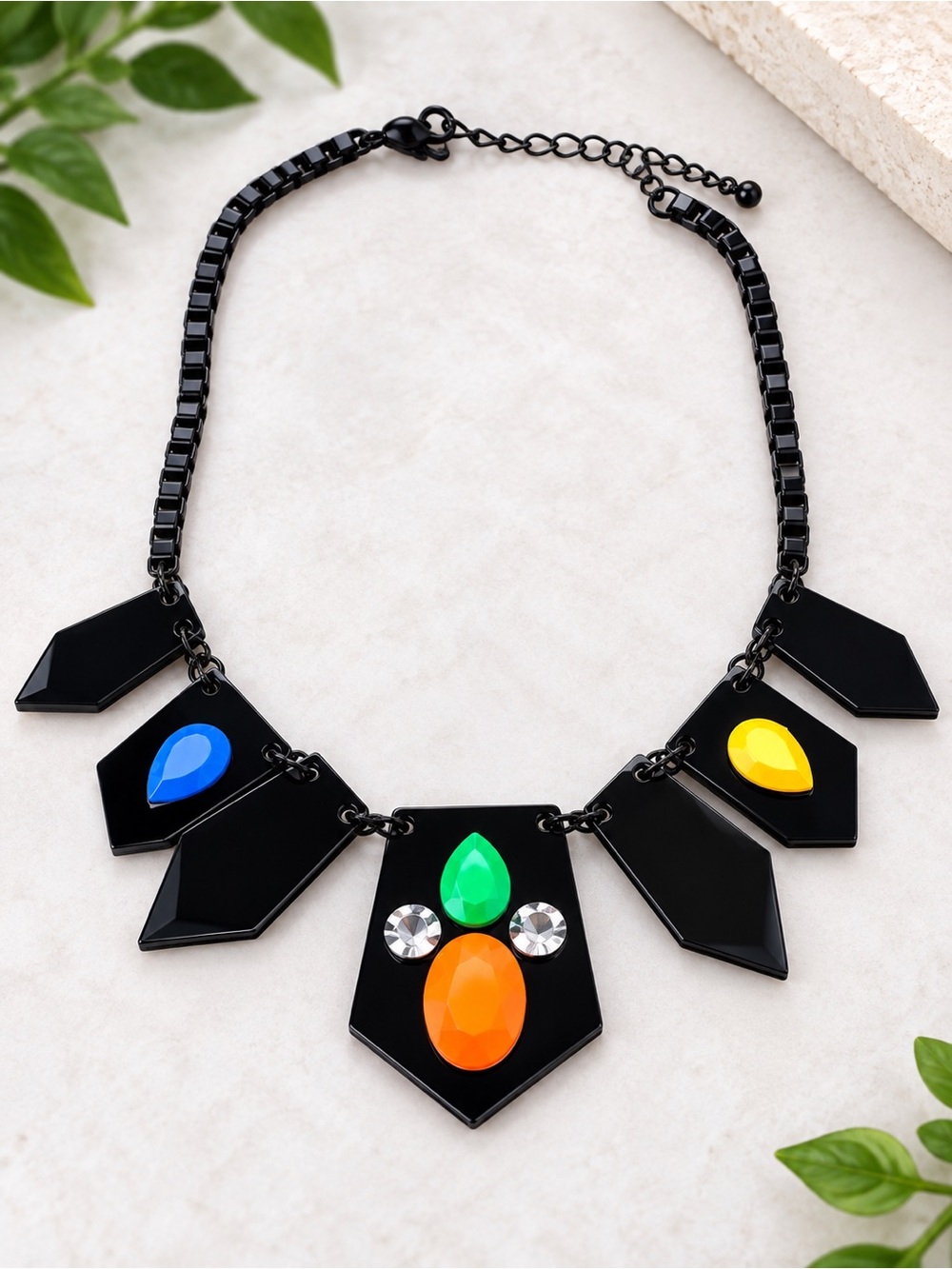 Black Geometric Bib Statement Necklace Colorful Mod Retro